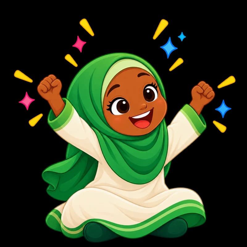 Une fille en hijab vert lève les bras de joie, entourée d’étoiles