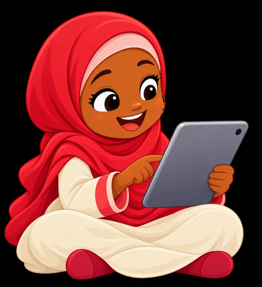Une fille en hijab rouge regarde un conseil en vidéo sur sa tablette, une ampoule s’allume au-dessus d’elle
